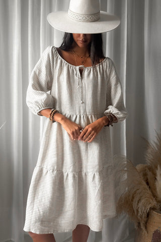 Emilia long pellavamekko, beige check