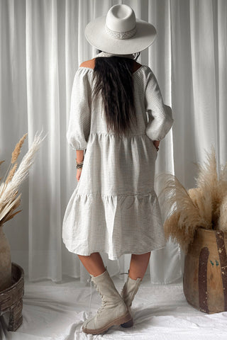 Emilia long pellavamekko, beige check