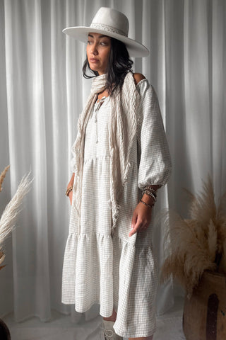 Emilia long pellavamekko, beige check