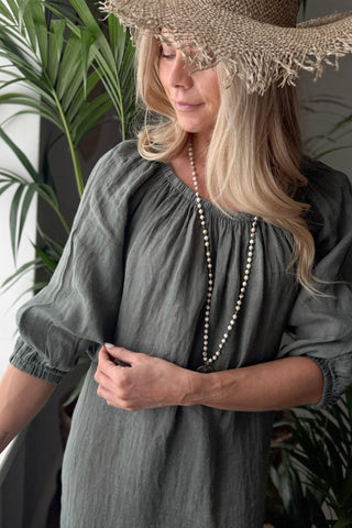 First Love linen dress, camo