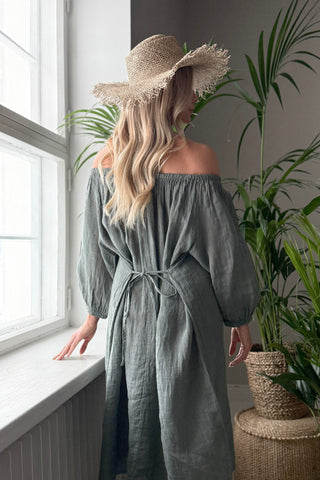 First Love linen dress, camo