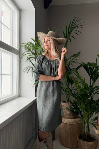 First Love linen dress, camo