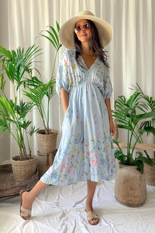 Floral Sun puuvillamekko, light blue