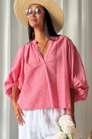 Gingham cotton blouse, red