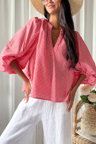 Gingham cotton blouse, red