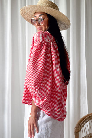 Gingham cotton blouse, red