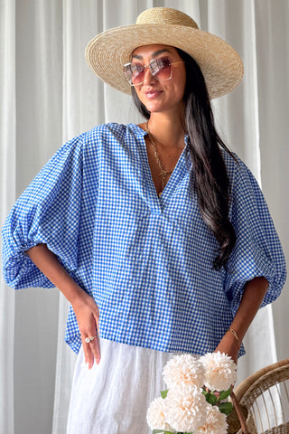 Gingham cotton blouse, blue