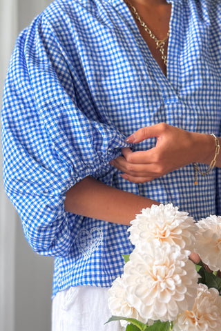 Gingham cotton blouse, blue