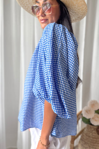 Gingham cotton blouse, blue