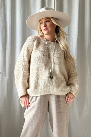 Indigo neule, luonnonvalkoinen