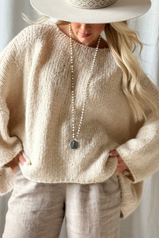 Indigo neule, luonnonvalkoinen