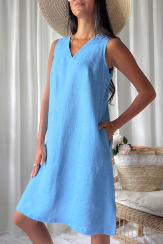 Less is More v-neck pellavamekko, heavenly blue