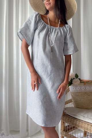 Moraira linen dress midi, blue stripe