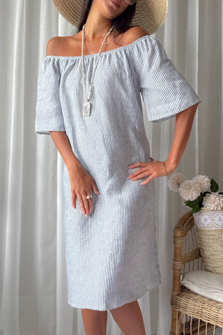 Moraira linen dress midi, blue stripe