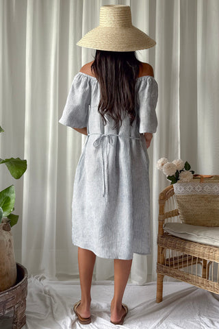 Moraira linen dress midi, blue stripe