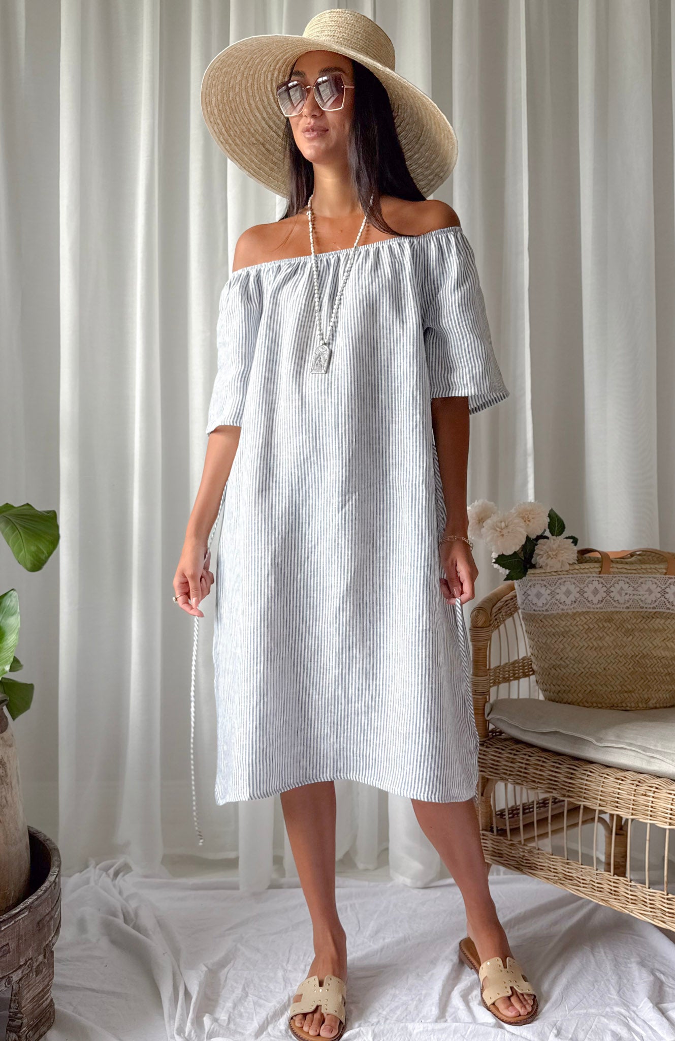 Moraira linen dress midi, blue stripe