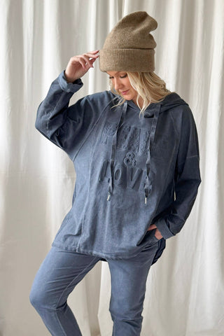 Peace and Love hoodie, denim blue