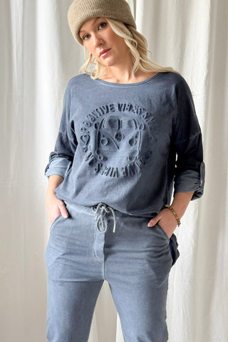 Positive Vibes sweatshirt, denim blue