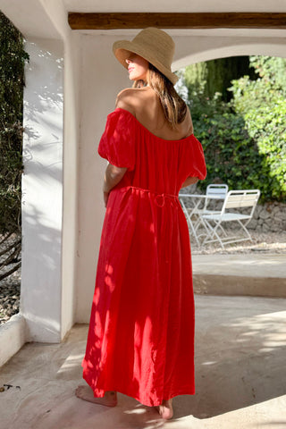 Secret Crush linen dress, poppy red