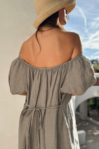 Secret Crush linen dress, taupe