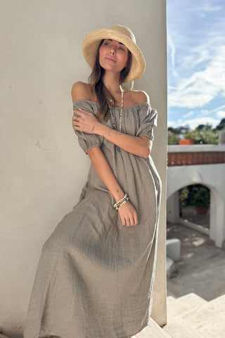 Secret Crush linen dress, taupe