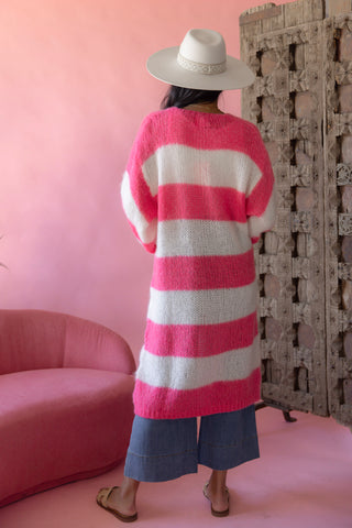 Stripes long neuletakki, coral-white