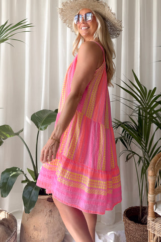 Sunny Day cotton dress, pink aztec