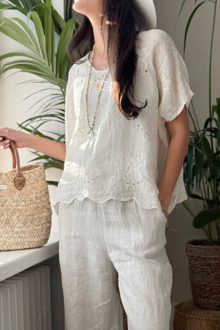 Delphie embroidered linen blouse, vanilla