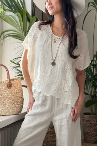 Delphie embroidered linen blouse, vanilla