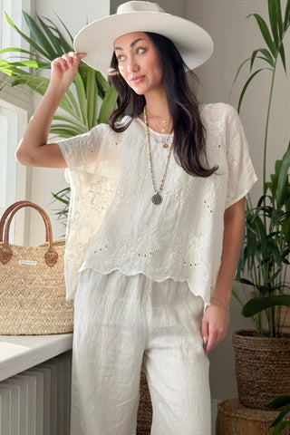 Delphie embroidered linen blouse, vanilla