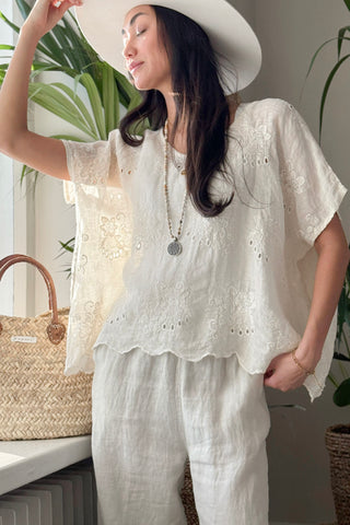 Delphie embroidered linen blouse, vanilla
