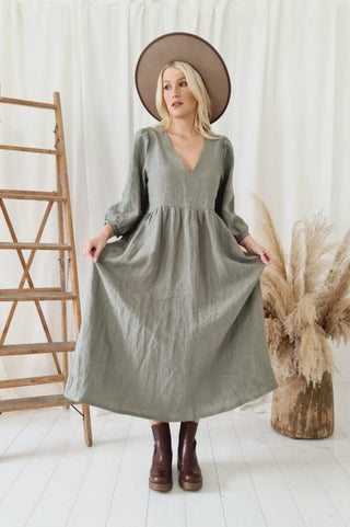 Almira linen dress, camo green