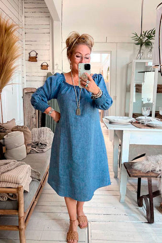 Amalfi linen dress, denim blue