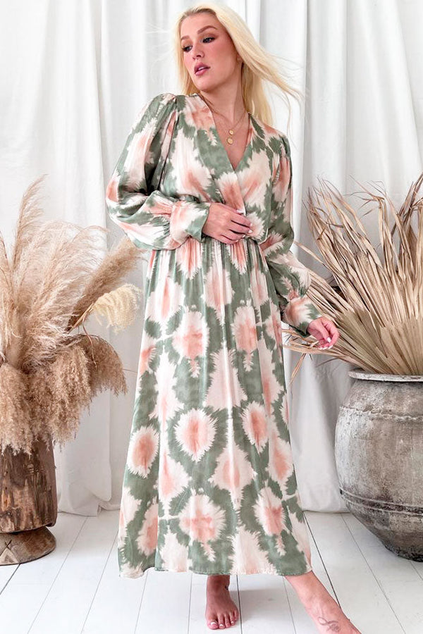 Kristlyn viskoosimekko, khaki kuviollinen